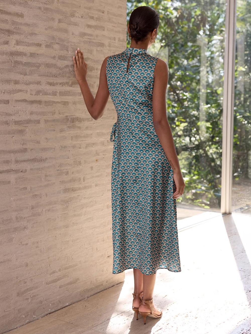 Commense Teal Scallop-Print Asymmetrical Mock-Neck Dress with Side Tie - Picture 5 of 7